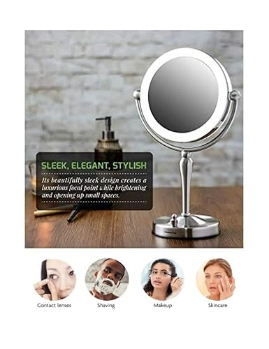Miniatura 9 de Ovente Espejo de maquillaje iluminado para mesa de 7.5 pulgadas, 360 grados, giro de doble cara, 1 lupa redonda de 10X, LED con interruptor de