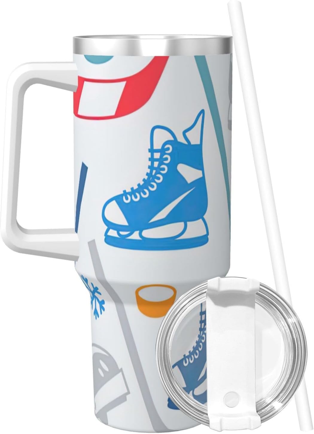 40 OZ Hockey Elements Creative Patterned Print Ice Bully Cup with Handle Straw Lid Straw,Stainless Steel Tumbler Coffee Cup