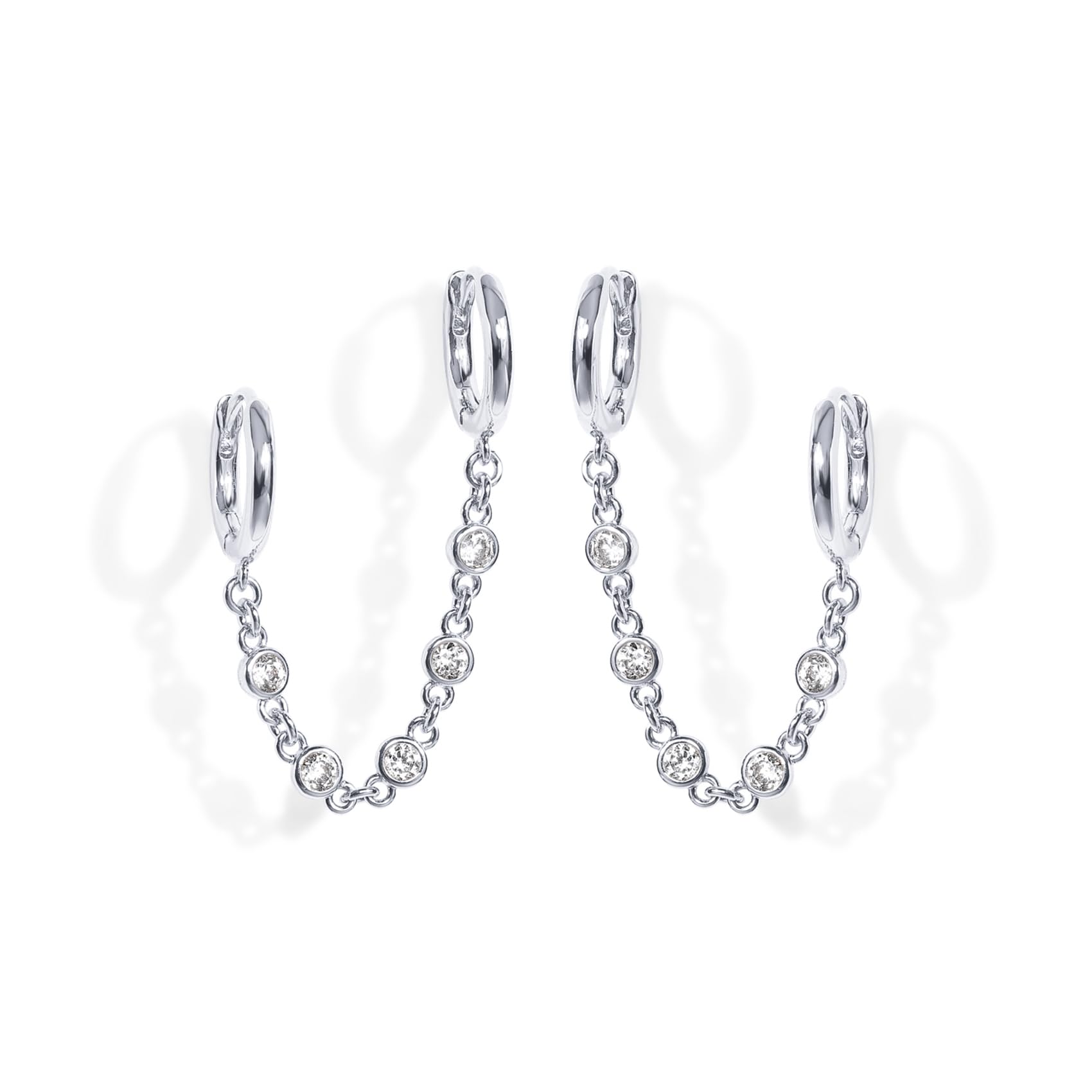 PAVOI 14K Gold Chain Earrings for Women | Double Piercing Dangle Chain Huggie Hoop Earrings | Cubic Zirconia Pearl Stud Ear Cuff Earrings for Women