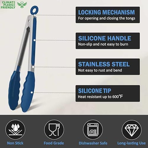 Miniatura 3 de Pinzas de cocina, pinzas de silicona de acero inoxidable para cocinar a 600F de alta resistencia al calor, pinzas de bloqueo para barbacoa, juego de