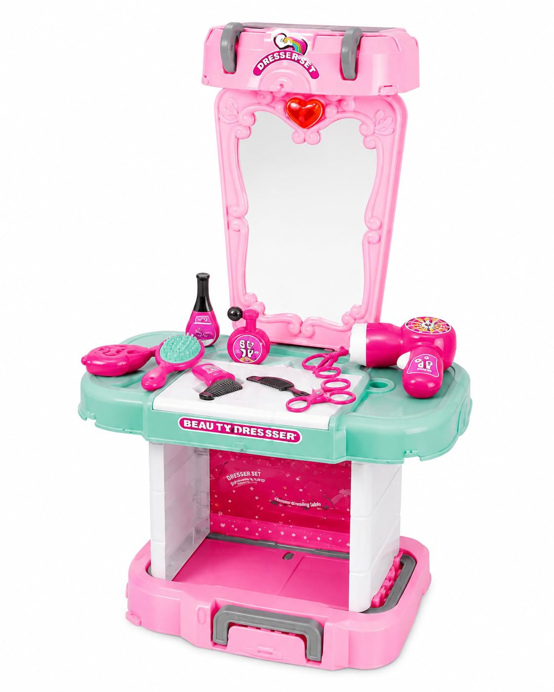 kids dressing table with mirror, hair dryer, comb, brush & pretend makeup accessories, 3 in 1 vanity salon toy for girls, make-believe role play gift
