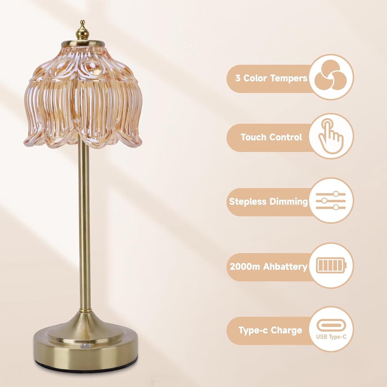 Lotus Table Lamp, Rechargeable Glass Table Lamp with 2000mAh Battery, 3 Color Dimmable Touch Lamps for Nightstand Bedroom Office, Cordless Small Night Light for Women Girl Mom (Amber Lotus)