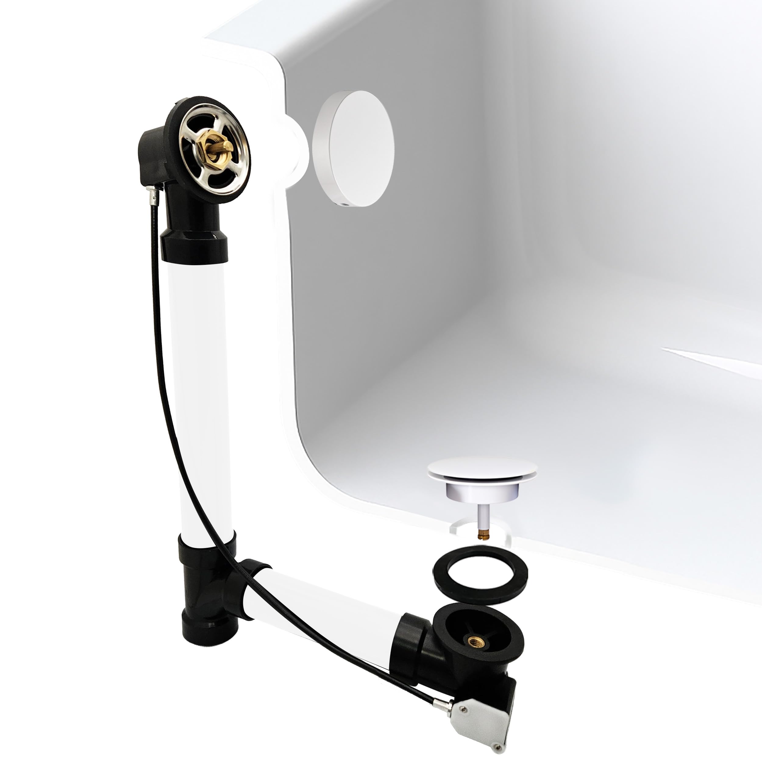 Westbrass A50A35SRE-50 35" SCH. 40 ABS Cable Driven Bath Drain Trim Kit with Rotary Overflow Cover Knob and Pop-Up Stopper, White