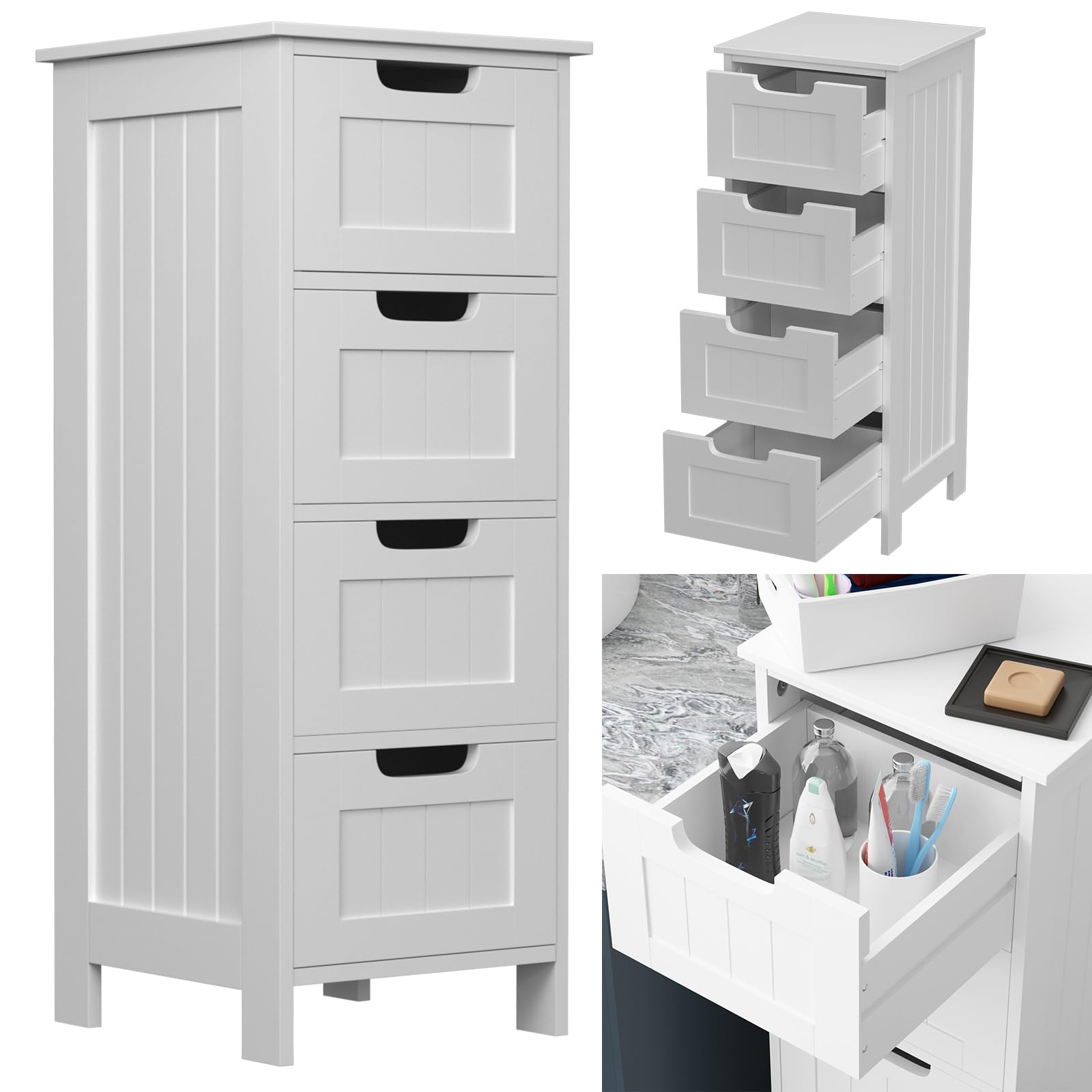 4 Drawer Bathroom Storage Unit, Bathroom Storage Cabinet with Drawers, Freestanding Bathroom Cabinet Wooden Cupboard, Home Storage Furniture White Floor Cabinet for Bedroom Toilet Kitchen Living Room
