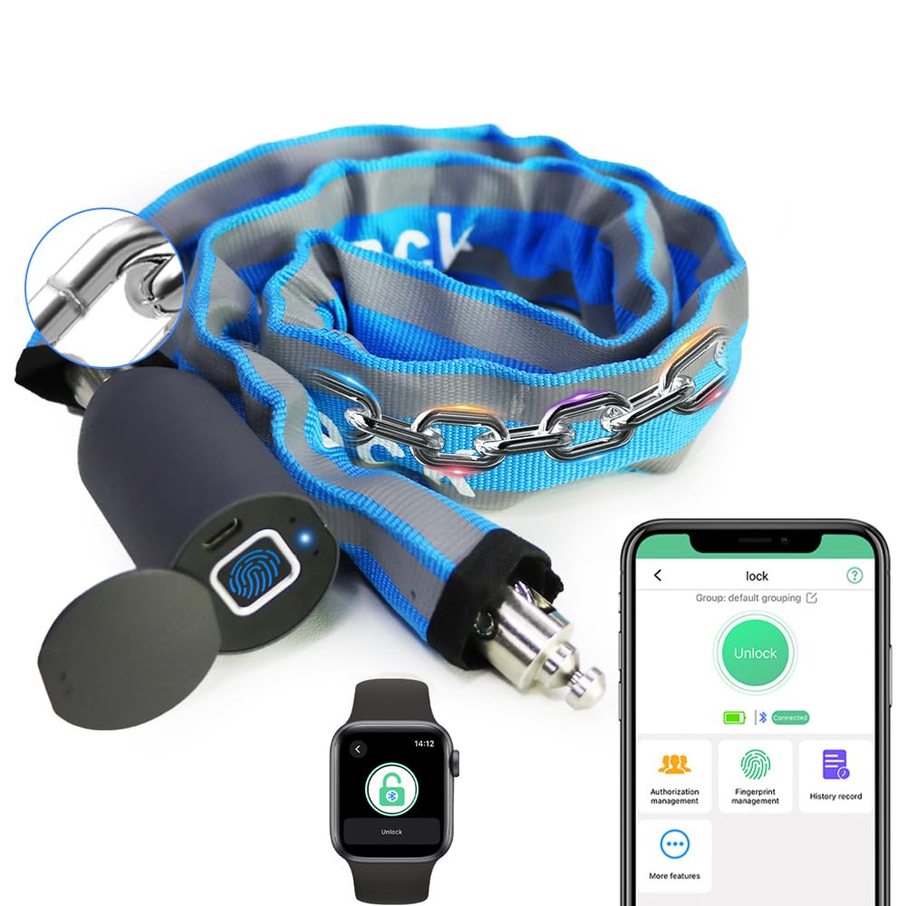 Chain Lock eLinkSmart Keyless Waterproof Bicycle Lock 100CM Chain Lock for Bike Scooter Motorcycle Door Fence Gate Fingerprint Bluetooth App Heavy Duty Security Blue 2024 New, New-C6BF-Blue
