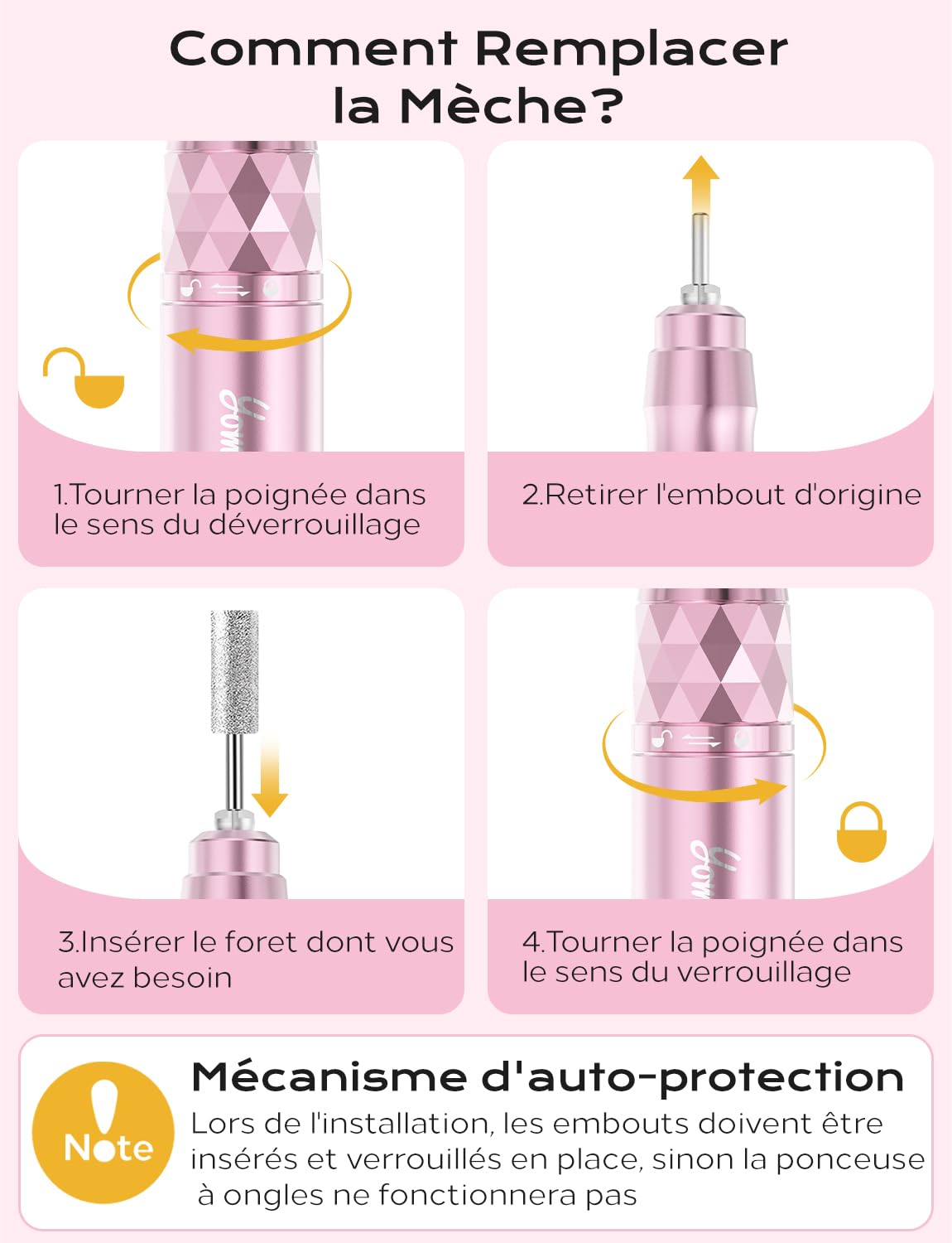 Ponceuse pour Ongles Professionnel, 45000 RPM Nail Drill Portable, 10H+ durée de vie de la batterie, Rechargeable ponceuse a ongle, Écran LCD, Direction de rotation réglable - or rose