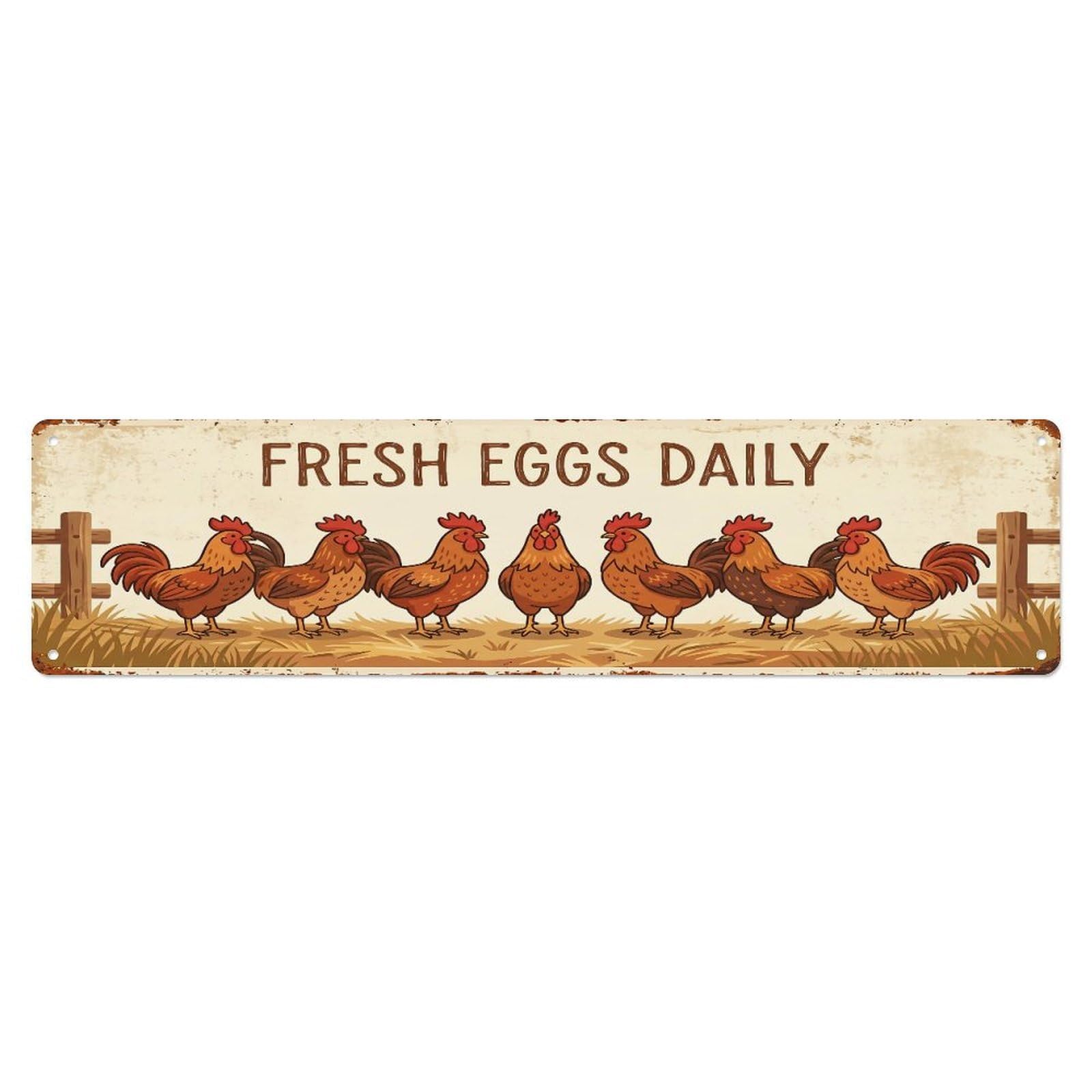Metal Tin Sign Vintage Rooster Farm Scene FRESH EGGS DAILY