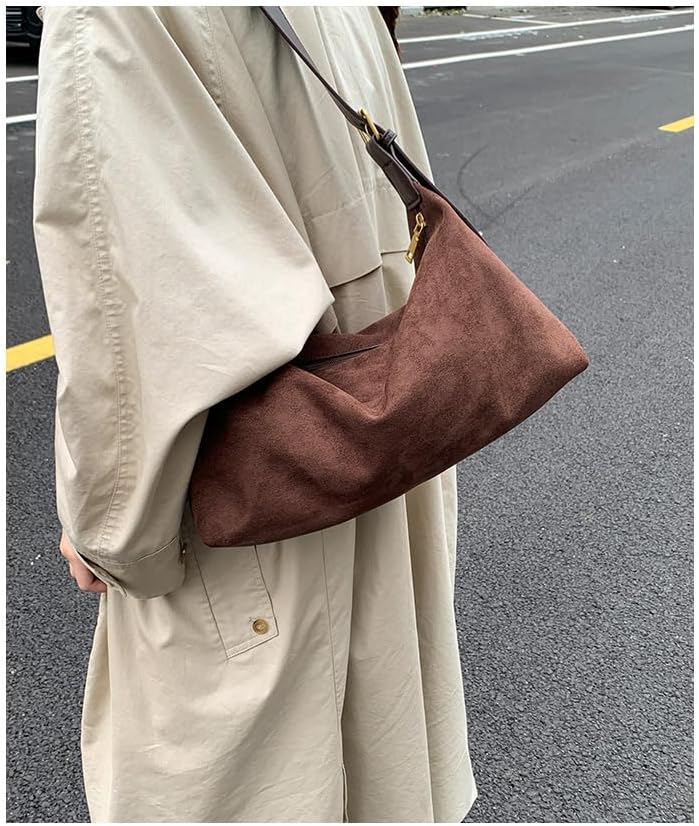 Fall Purse Suede Crossbody Shoulder Bags Brown Suede Purse Trendy Slouchy Faux Tote Bag for Women - Image 3