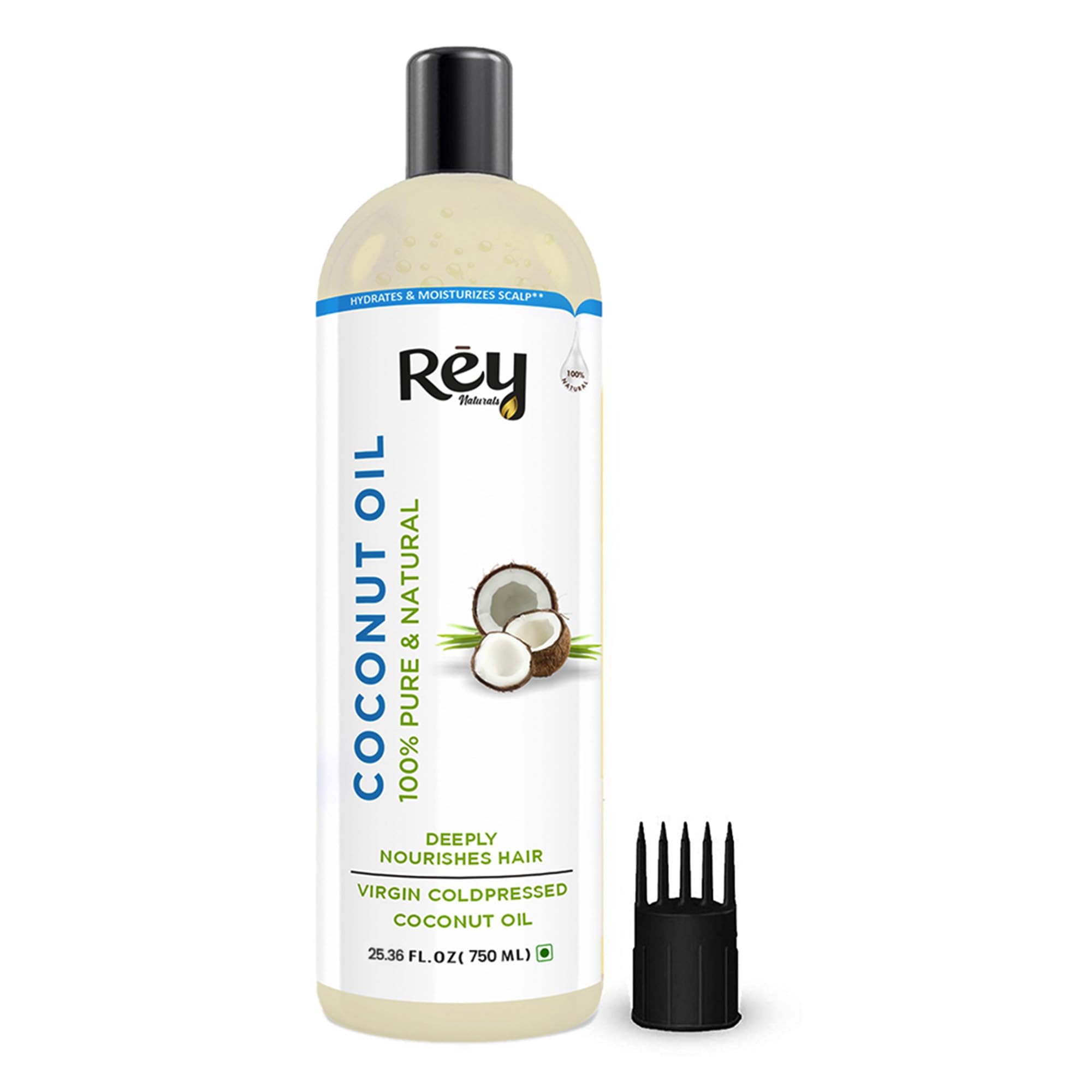 Rey NaturalsVirgin Coconut Hair Oil (Nariyal Oil) | 100% Pure & Natural Coconut Oil For Hair And Skin - Strengthens Hair, Improves Scalp Condition & Hair Growth| Virgin Coconut oil for baby | 750ml