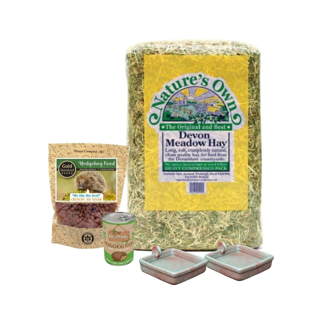 Green Feathers Hedgehog Care Starter Pack, Including Hay 1.8kg, Preminium Hedgehog Dry Food 900g, Hedgehog Wet Food and 2 Feeding Bowls, For Hedgehogs in Your Garden