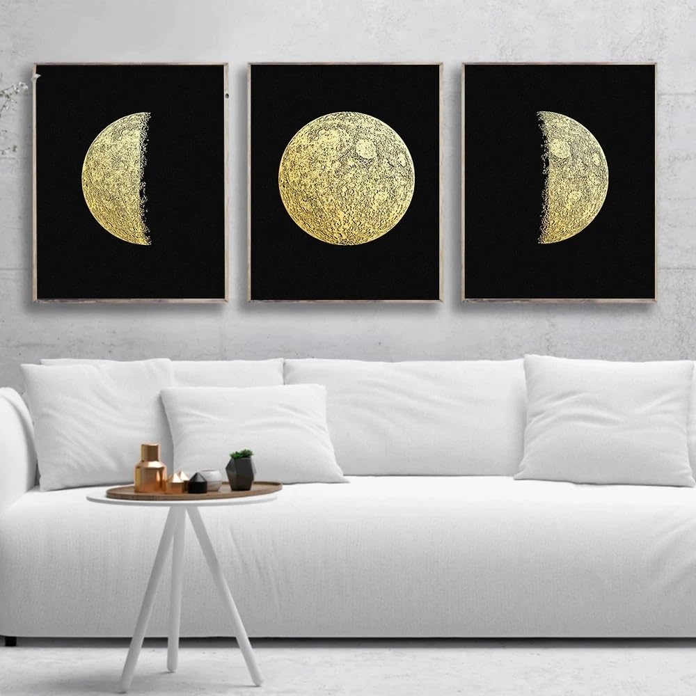WUHBCZ Wall Posters-Minimalist Abstract Moon Phases Nordic Posters Black Gold Canvas Paintings and Prints Modern Wall Art Pictures Living Room Office Decor-40 * 50cm/3PCS (No Frame)