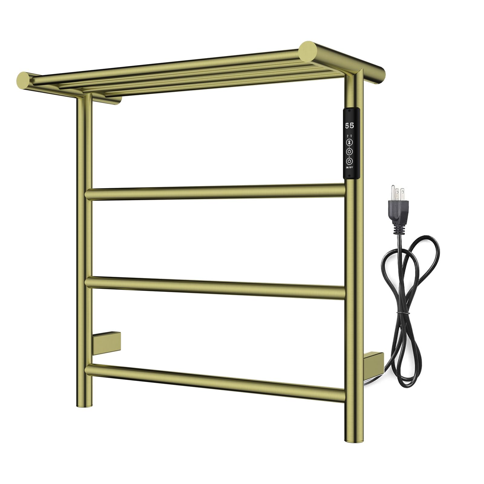 VJASS Wall Mounted Electric Towel Warmer, 304 Stainless Steel Hot Towel Warmer for Bath Heated Drying Rack 3 Square Bar 65W,Brushed Gold