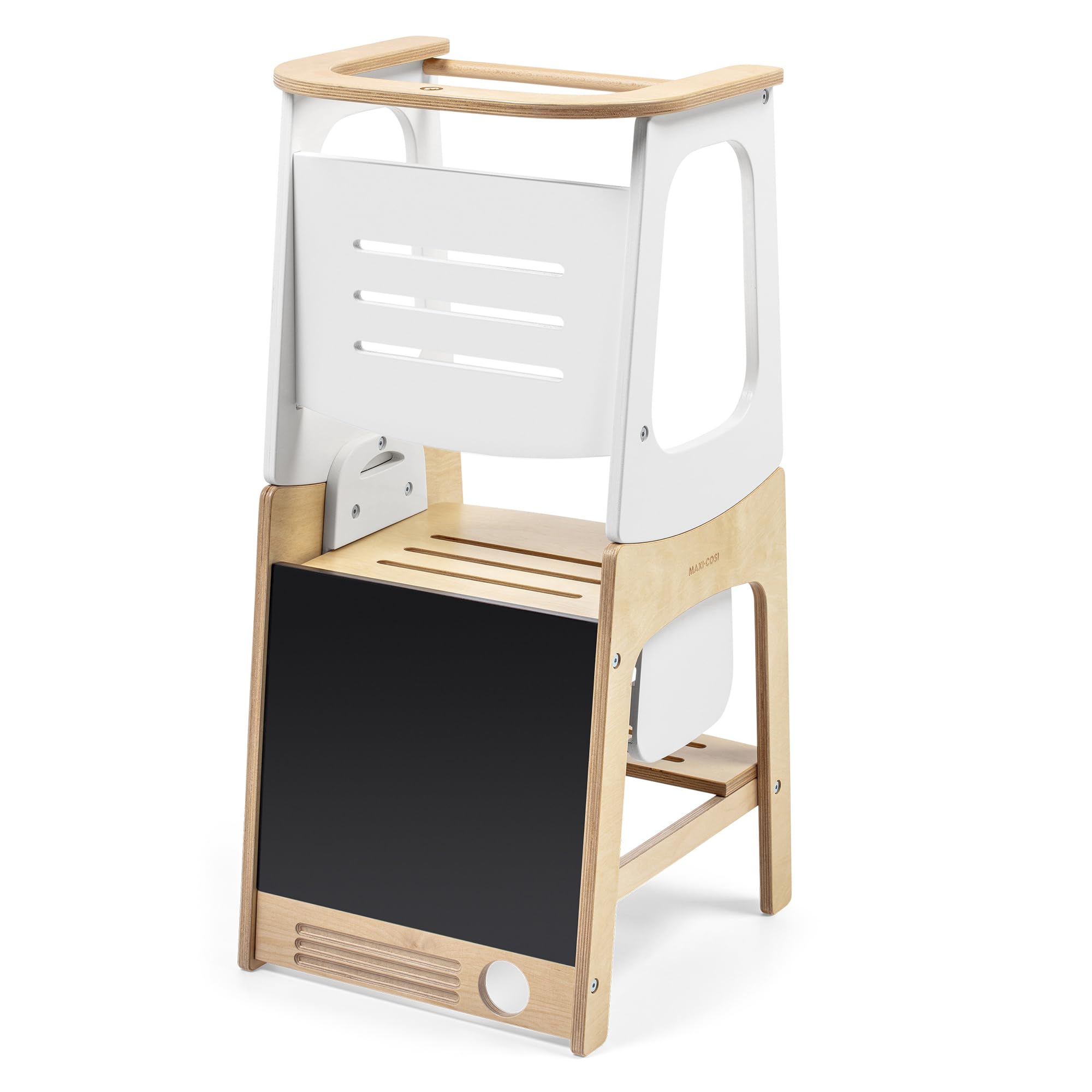Maxi-Cosi Toucan 3-in-1 Tower, Montessori Toddler Step Stool for Kitchen, 3 Heights, Transforms into Desk Table & Chair, Built-In Chalkboard - Natural White