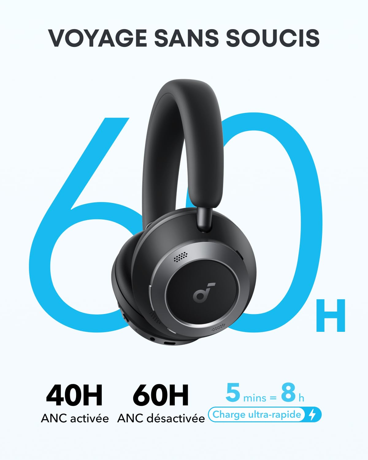 Soundcore Space One Pro d'Anker, Casque Bluetooth sans Fil avec Réduction de Bruit Adaptatif et 6 micros, Design Super Pliable, Autonomie 60h, Chargement Ultra-Rapide, H-Res Wireless Audio avec LDAC