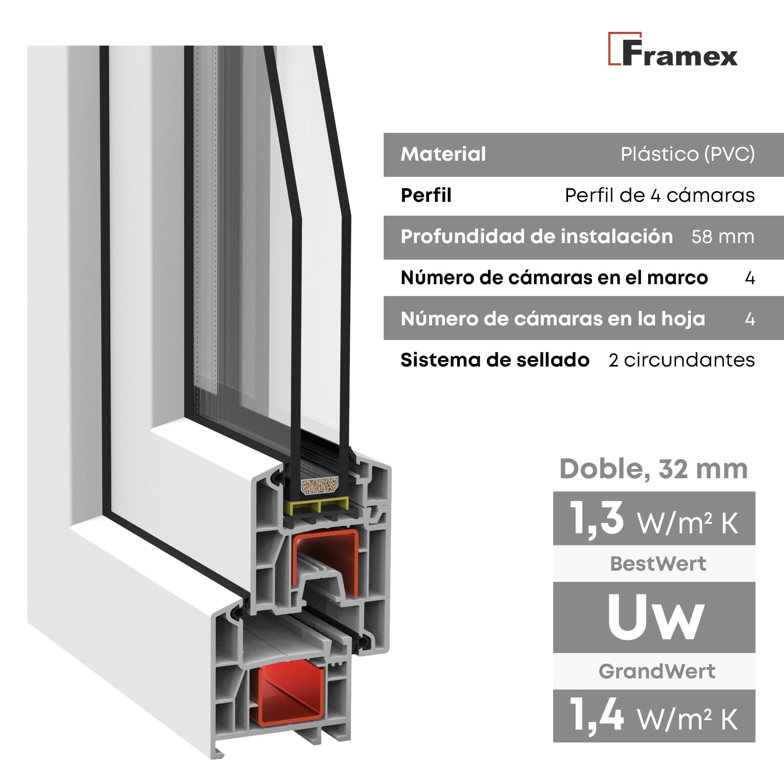 Ventana Para Sótano, de PVC Blanco, 40 x 70 cm (400 x 700 mm) de Ancho x Alto, Doble Acristalamiento, Cristal Transparente (32 mm), Oscilobatiente, DIN Izquierda - Premium