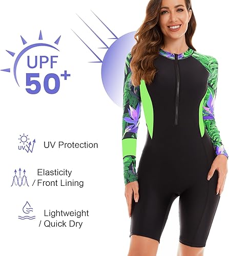Vista 2 de NESY Traje de baño de una pieza de manga larga para mujer, con protección solar UPF 50, con cremallera, para surfear, traje de baño atlético
