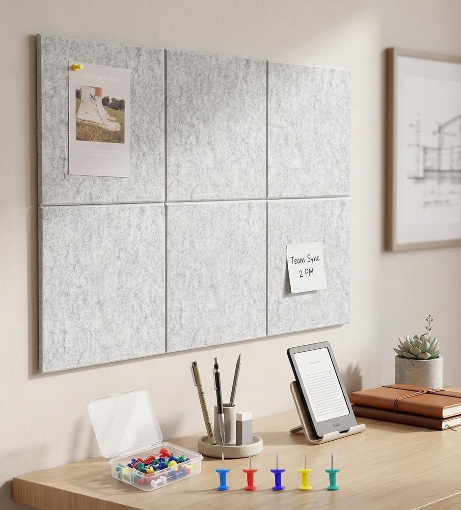 6-Piece Felt Board Bulletin Board,30x30cm Self-Adhesive Wall Panel,with 35 Pushpins Felt Message for Notes Photos and Schedules (Beige)-image-30