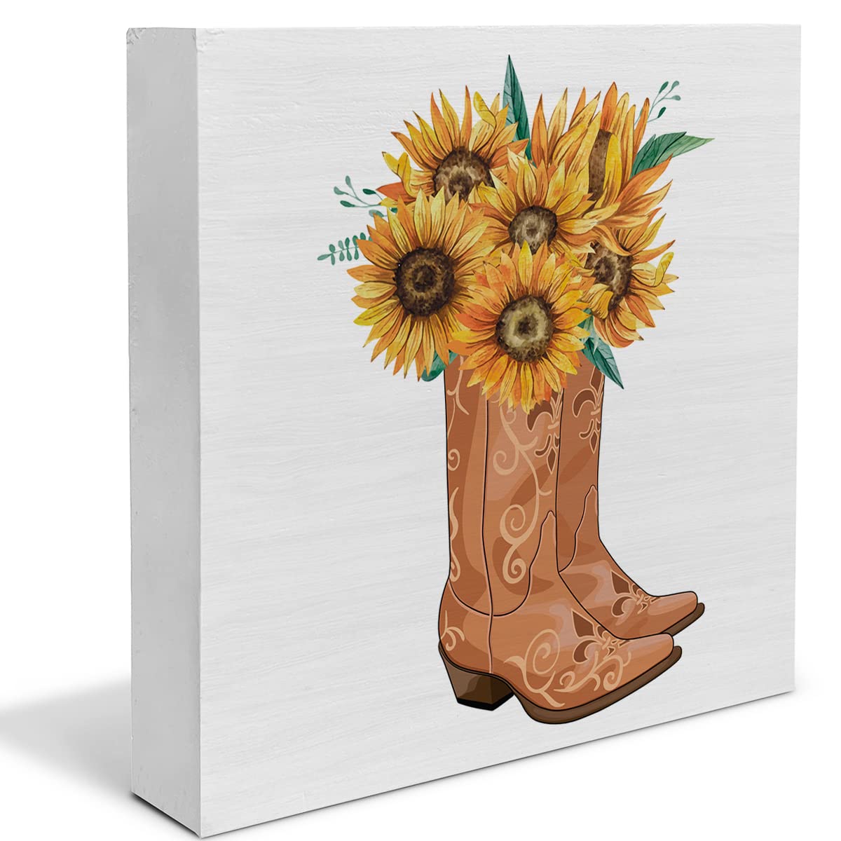 Country Sunflower and Cowboy Boots Wood Box Sign Decor Desk Sign Sunflower Wooden Box Block Sign Rustic Home Shelf Wall Decoration