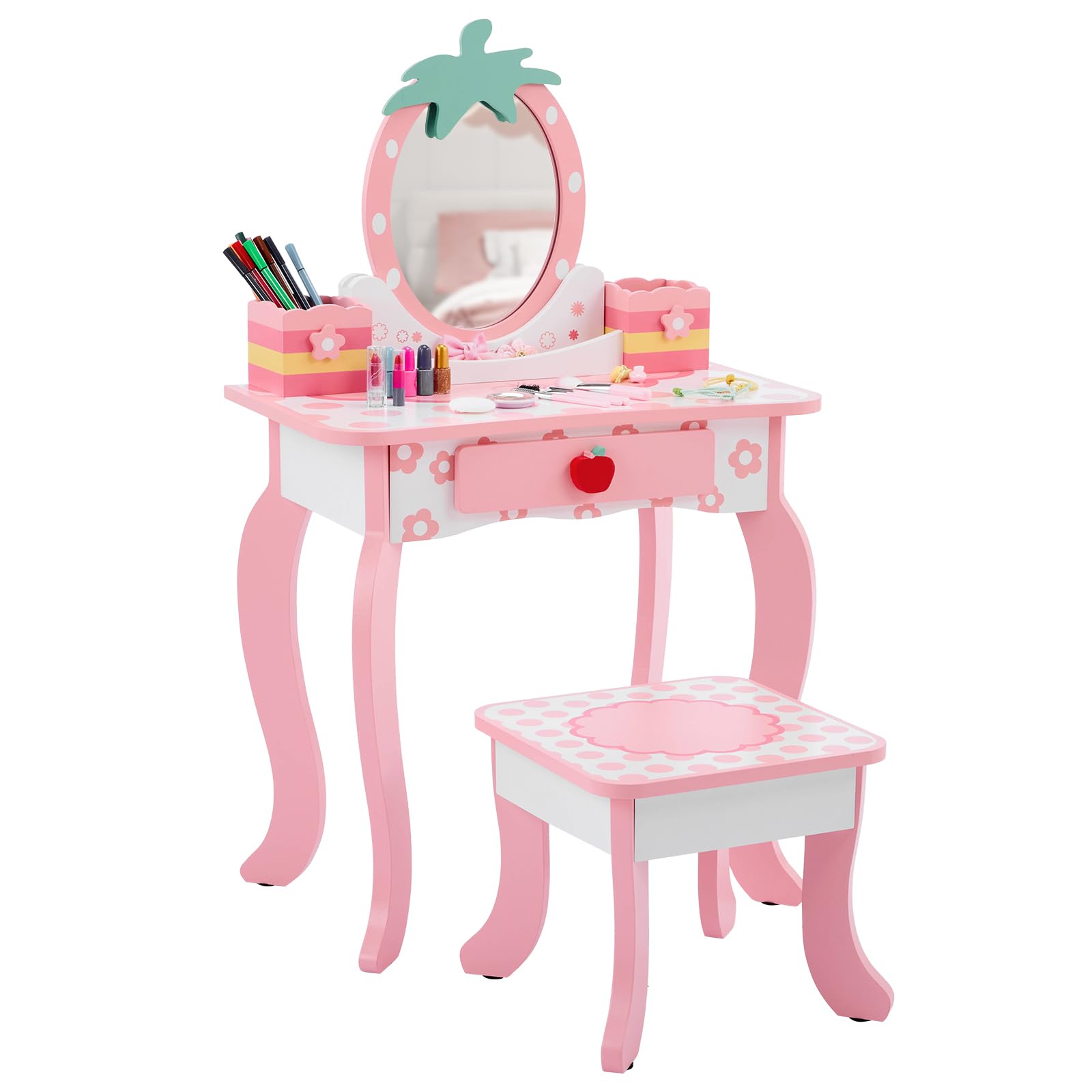 Vanity Set,ShyneeMakeup Dressing Vanity Set Wooden Princess Makeup Table with Cushioned Stool,Drawer,Wooden Legs and Mirror, Make Up Dressing Play Set for Girls (White)