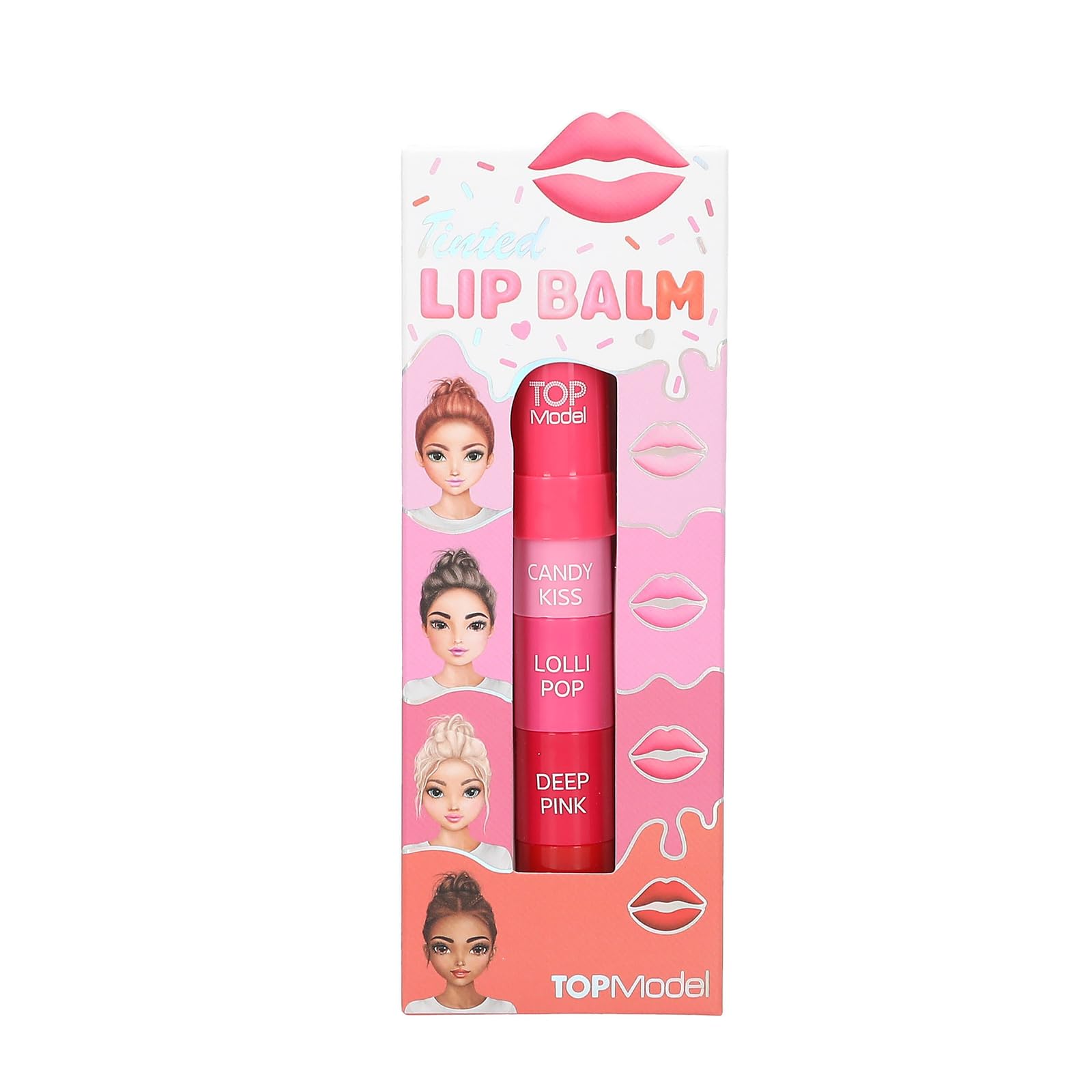 Depesche 14075 TOPModel Candy Glam Tinted Lipbalm - zestaw do pielęgnacji ust, z 4 indywidualnymi kolorami, od czerwonego do różowego, do łączenia, o słodkim zapachu waty cukrowej