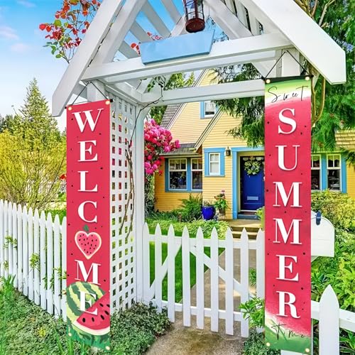 Image of BlissYard 2pcs Welcome Summer Door Banner Watermelon Porch Banner Sign Sweet Fruit Time Front Door Hanging Decor Banners for Summer Home Hawaii Tropical Party Outdoor Decorations