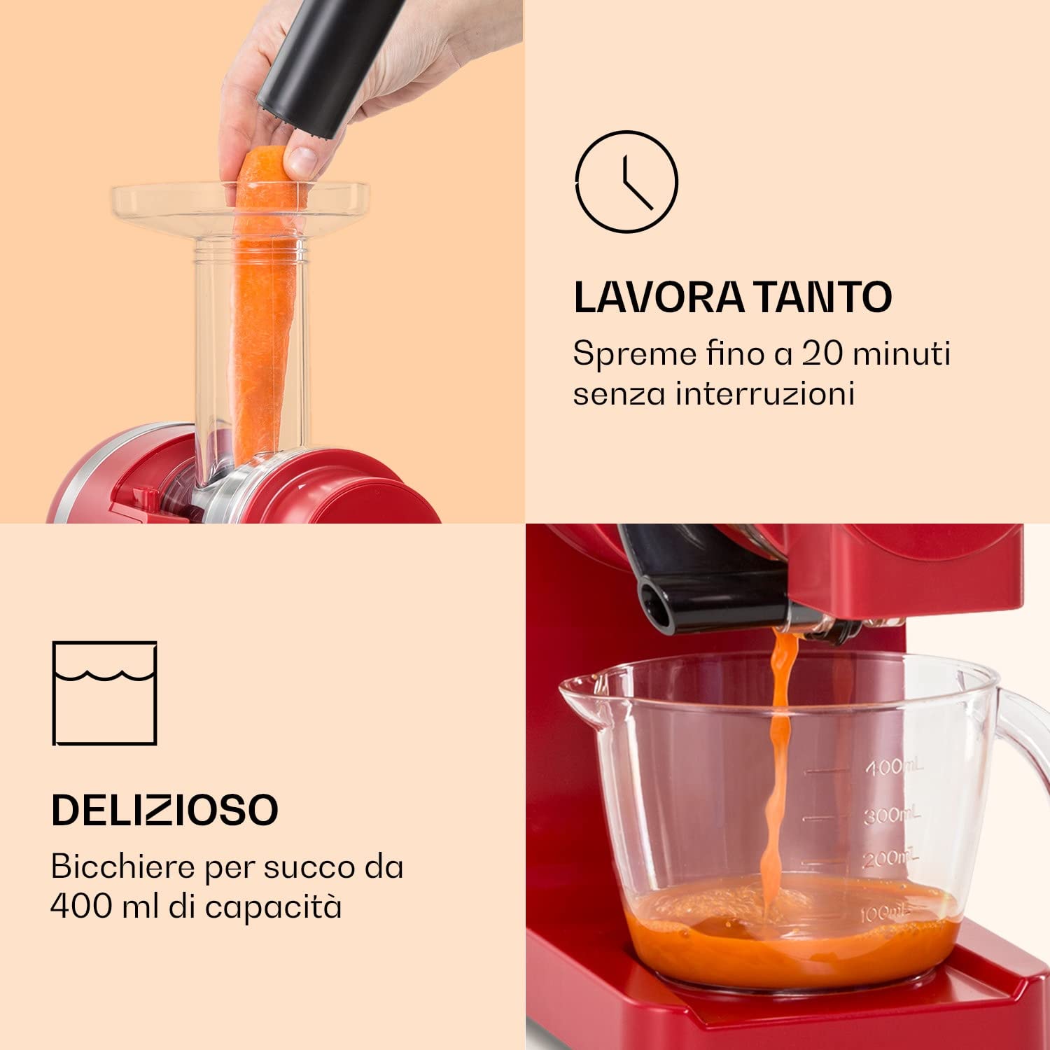 Klarstein Bella Elegance Estrattore di Succo 200 W, Pressa a Freddo Verticale, Contenitore 400 ml, Senza BPA, Base Antiscivolo, Rosso