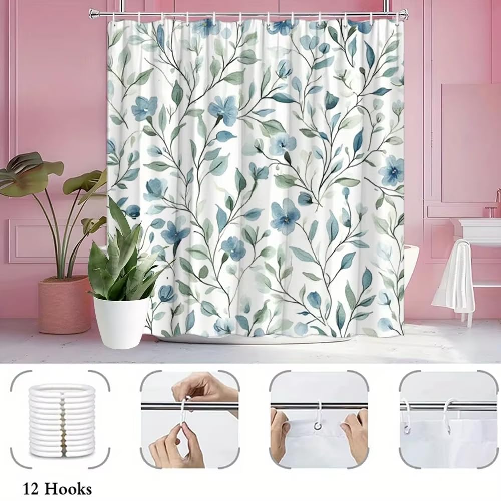 Tenda da doccia floreale turchese con stampa botanica,tenda da doccia minimalista e naturale con 12 ganci,lavabile in lavatrice (175x220 cm(LxA)