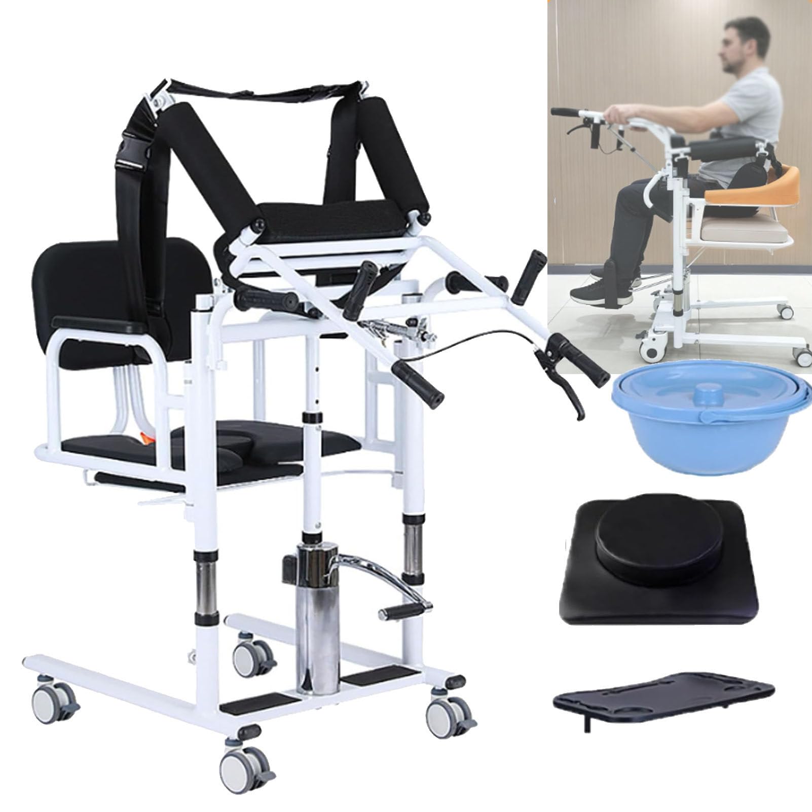Silla elevadora de traslado para pacientes en casa, asiento portátil con división de 180° para personas mayores, de la cama al baño, apta para personas con discapacidad, con cuña extraíble Black