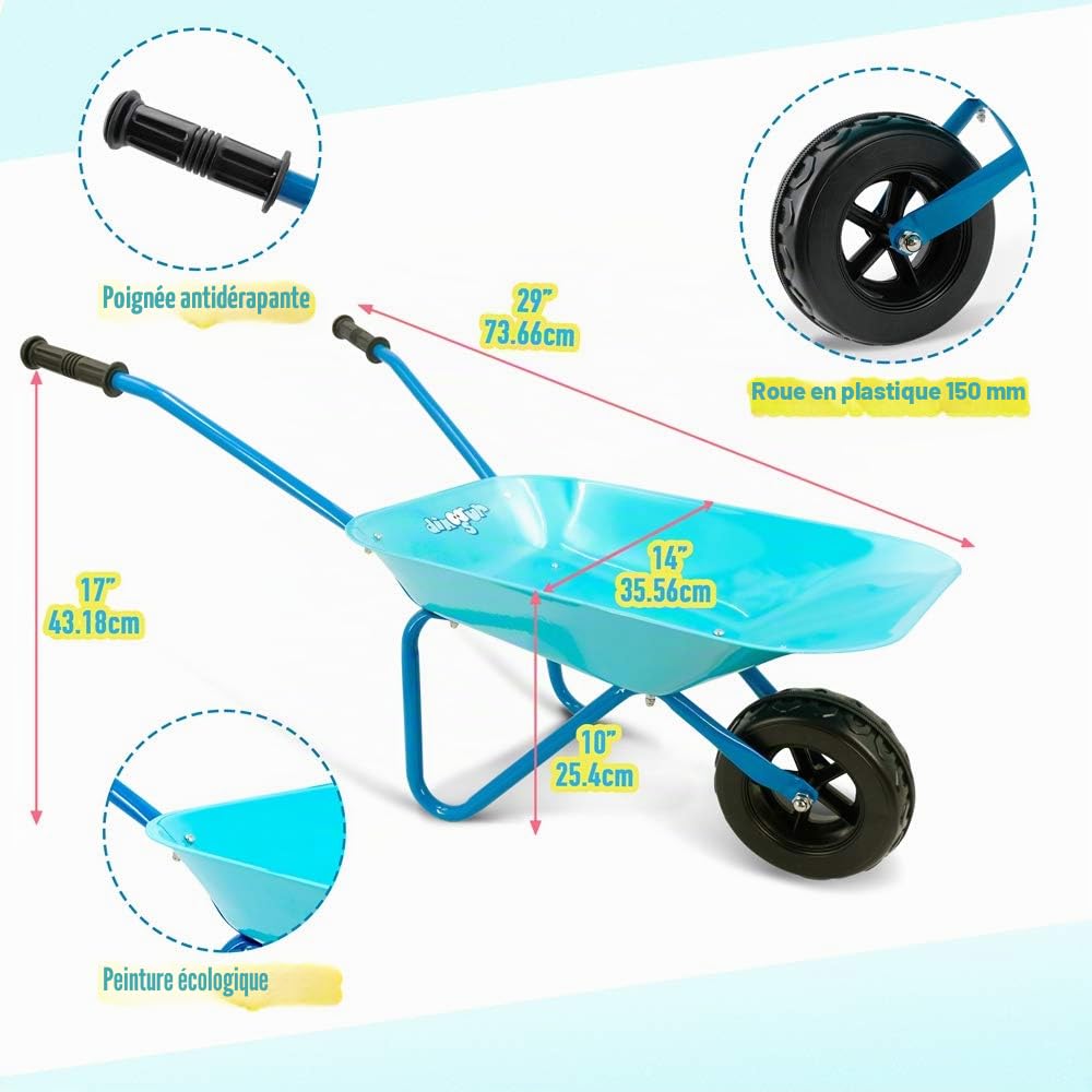 Colwelt Brouette en métal 5 pièces pour enfants avec pelle, râteau, fourchette et gants pour enfants (bleu)