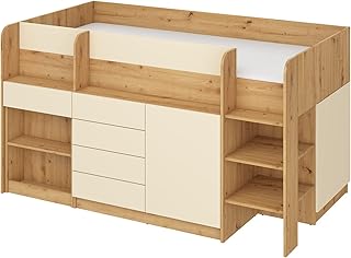 BIM Furniture Letto a castello Smile P mobili per bambini, set di mobili per una cameretta dei bambini, un letto con scrivania, mensole, cassetti: lato destro (rovere artisan/crema)
