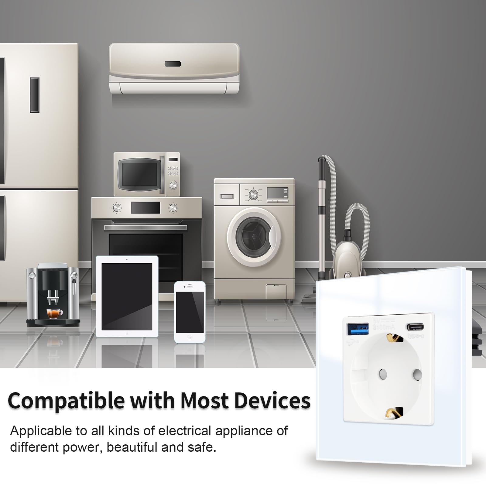 JIMEIDA Pack 4 bases con USB 20W cristal blanco de empotrar, 1 compartimento Bases de 16Amp con USB A y Tipo C, 86 * 86mm, 250V