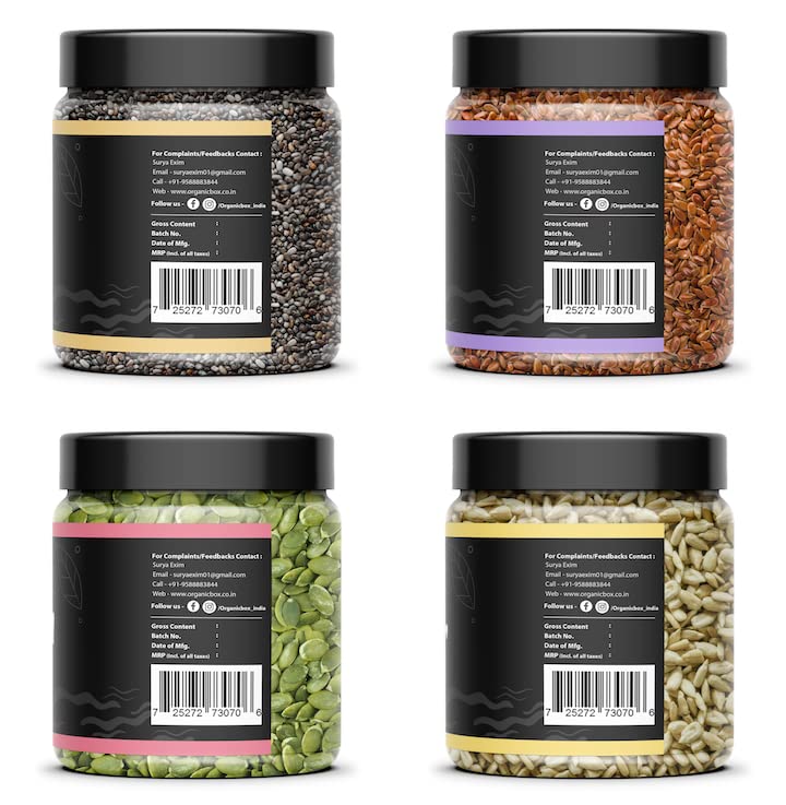 Image of Organic Box Raw Super Seeds Combo 1 KG - Pumpkin, Sunflower, Chia & Flax Seeds (250 g Each) - 100% Raw • High‑Protein • Weight‑Loss • Healthy Gift Pack