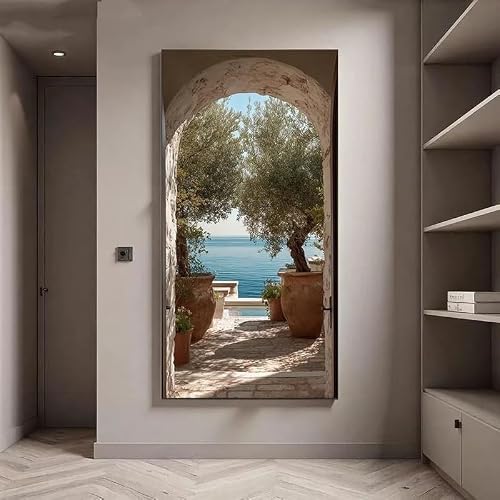 GOSRD Ocean View Olive Tree Archway Canvas Print Home Wall Decoration Poster For Living Room(55X110cm)