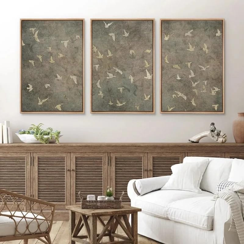 Cuadro en lienzo Japandi Neutral Bird Wall Art, Vintage Matics Green Flying Birds Canvas Prints, Minimalista (50x70cm/3PCS sin marco)