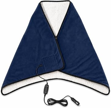 Sojoy 12V Heated Car Blanket with Zipper Wearable Design, Flannel Sherpa Electric Blanket for Car Truck SUV RV Van, Portable Heated Shawl, Navy Blue