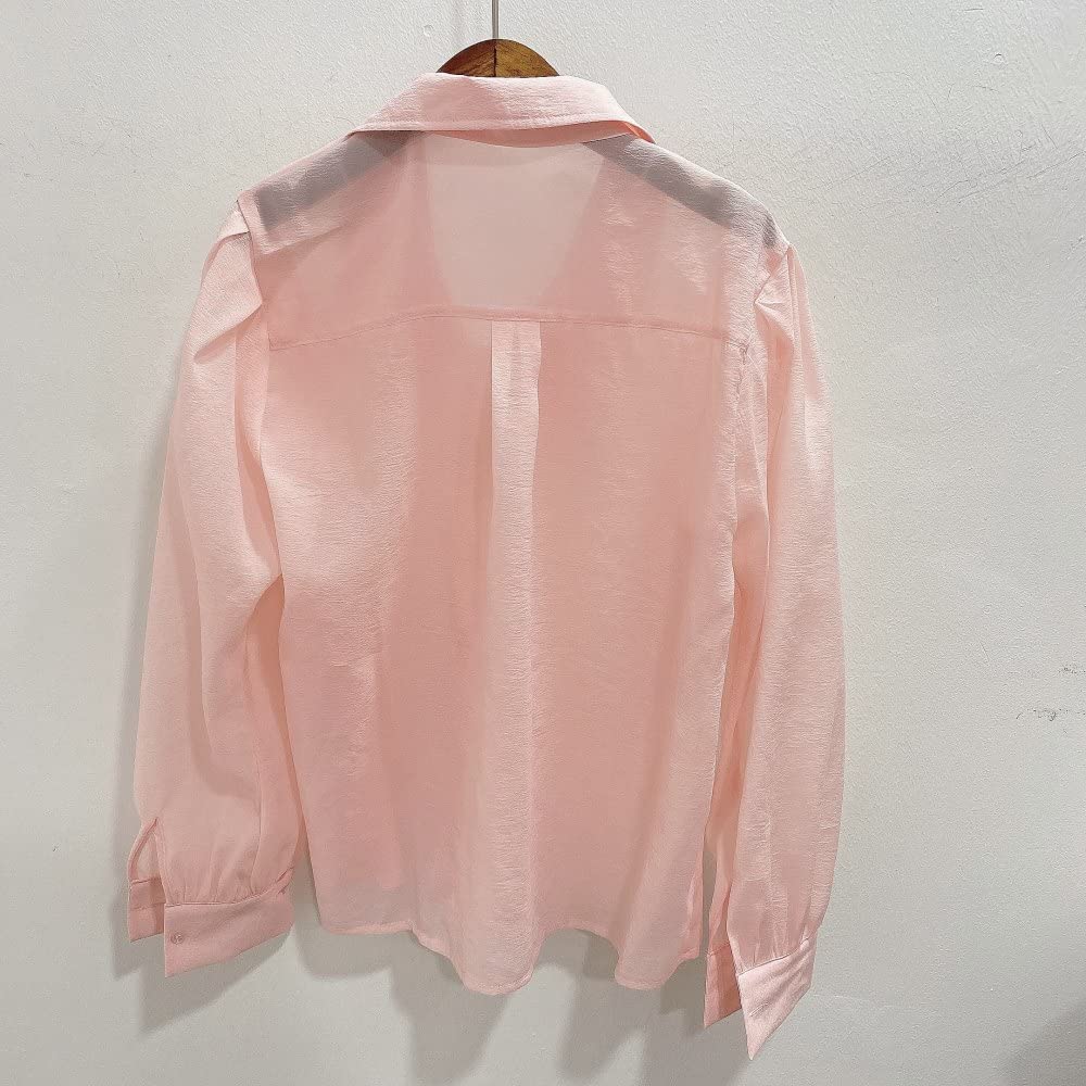 Damen-Hemd Mit Knopfleiste,Damen Satin Bluse Hemd Rosa Durchsichtig Langarm Vintage Mode Seidenhemden Business Hemd Mit Knopf Sexy Party Tops Lässige Arbeit Bürobluse Für Mädchen Damen