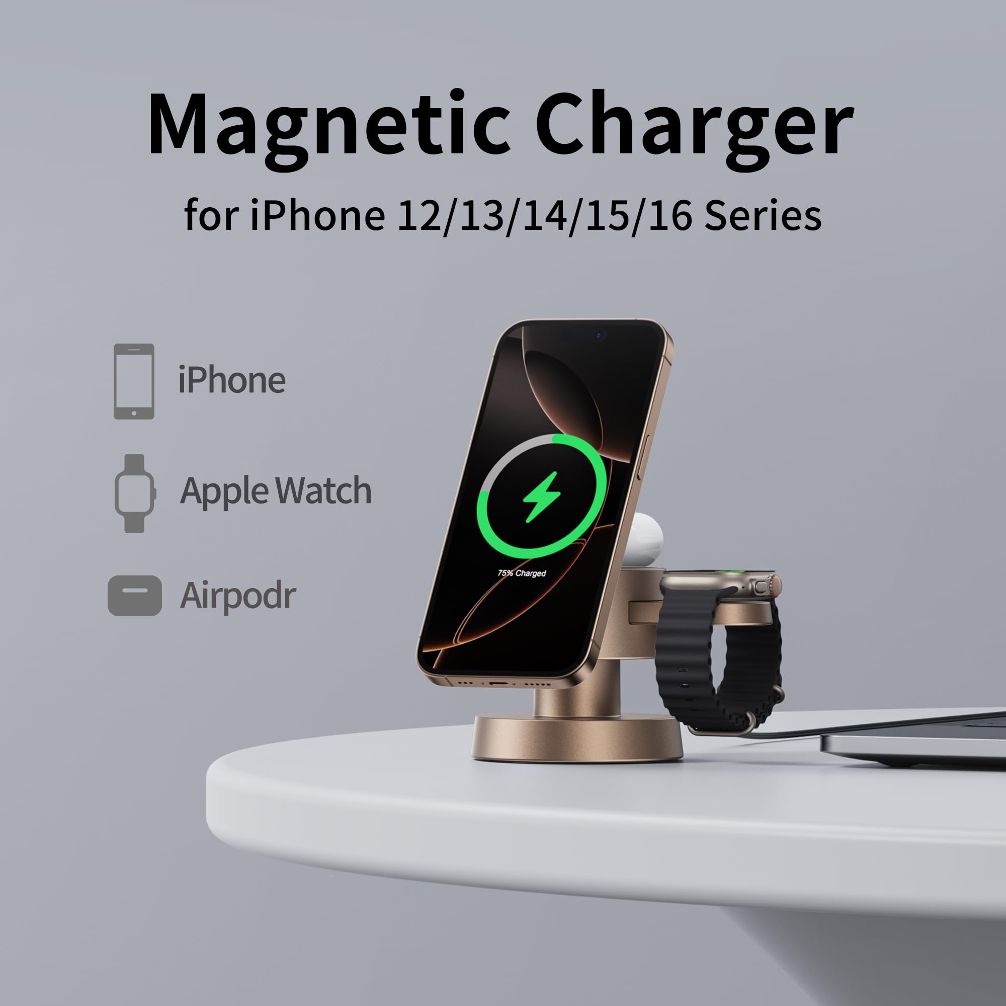Station de charge magnétique sans fil 4 en 1, charge rapide de 15 W avec veilleuse réglable, station de charge magnétique sans fil pour iPhone 16, 15, 14, 13, 12 Pro Max et Apple Watch, AirPods 3/2/1