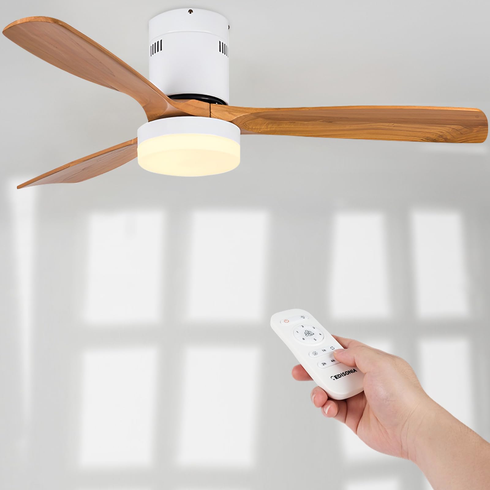 Ventilador de techo con luz blanco aspas efecto madera clara y mando / 40W, Silencioso, 3 temperaturas de luz, Ø132 cm, 6 velocidades,temporizador, función verano-invierno