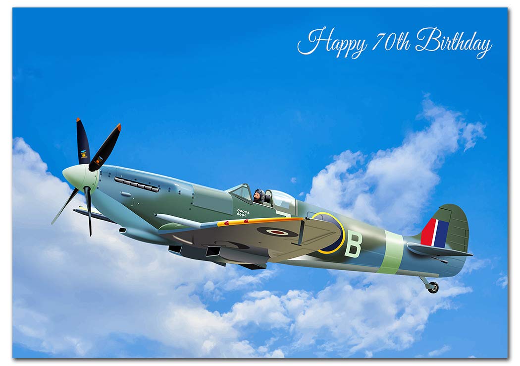 Extra Large 70th Birthday Card for Men - XL Big thick A4 size - Special Age Year - Cool WW2 Spitfire Airplane Plane Art - Traditional Greeting Him Male - Huge Happy Wishes - UK Eco-Friendly — image 1