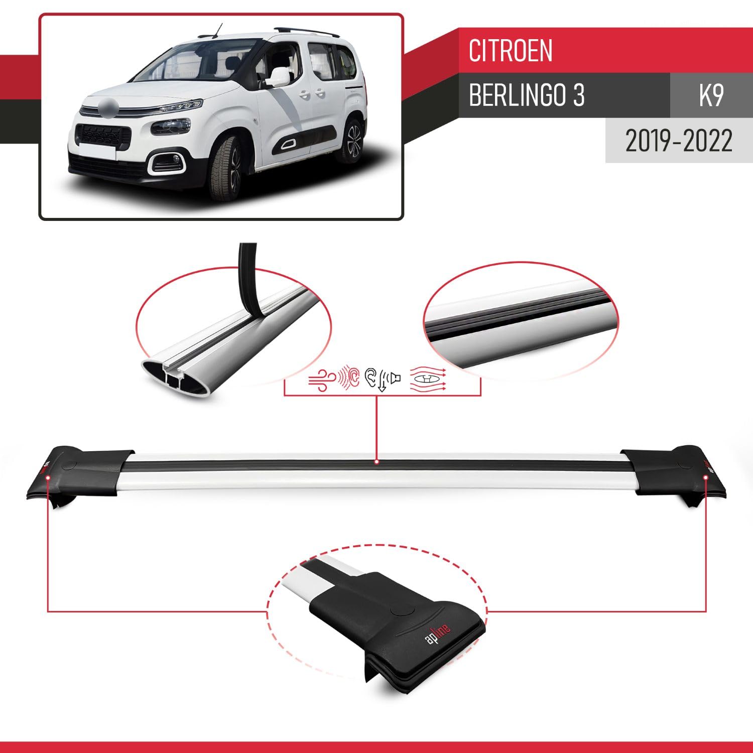MDAK Compatible con Citroen Berlingo 3 (K9) 2019-2022 Fly Model Barras de Techo Auto Portaequipajes Barras Transversales Gris Aluminio 2 Barras