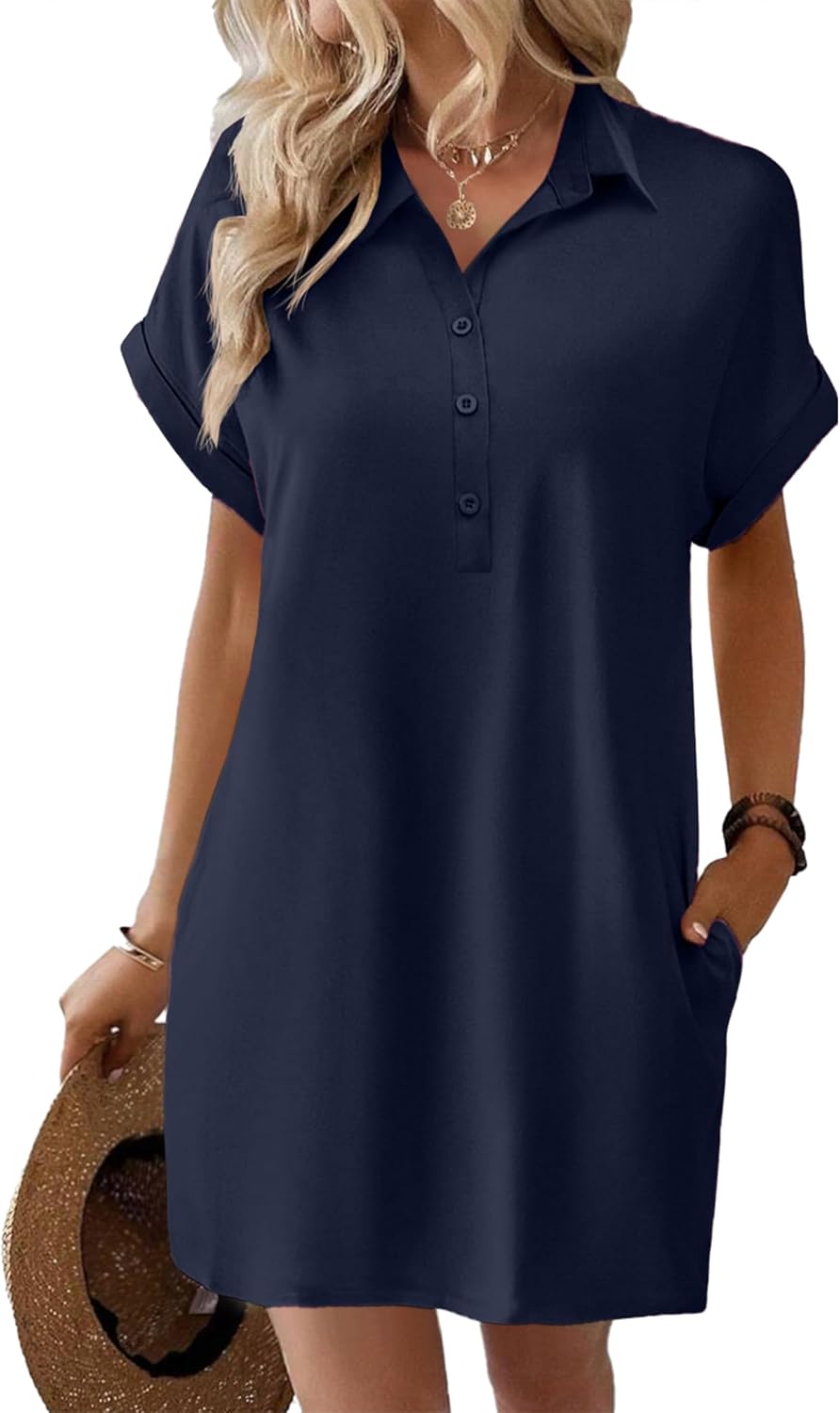 HOTOUCH Womens Summer Shirt Dress 2026 Short Sleeve Floral Shift Dress Casual Loose Flowy Beach Sundress with Pockets