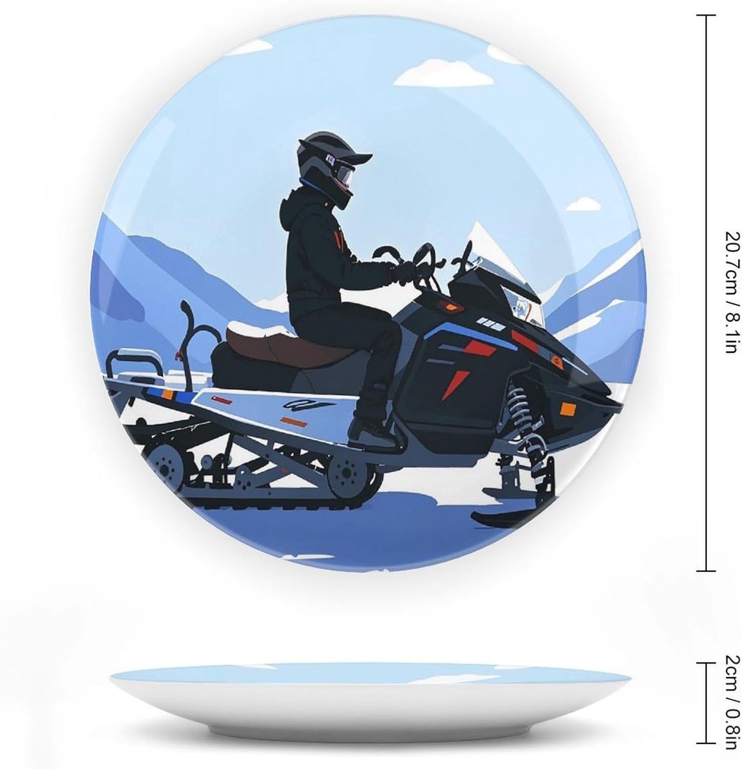 Snowmobile Decorative Ceramic Plate Round Porcelain Plate Decor Personalized Bone China Decorative Plates Ceramic Ornaments Dessert Plates with Display Stand 8inch