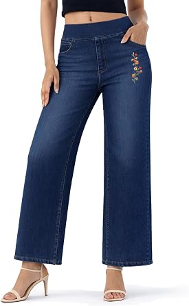 Women High Waisted Pull-On Wide Leg Jeans, Stretch Denim Pants with Pockets, Tummy Control Elastic
