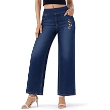 Women High Waisted Pull-On Wide Leg Jeans, Stretch Denim Pants with Pockets, Tummy Control Elastic