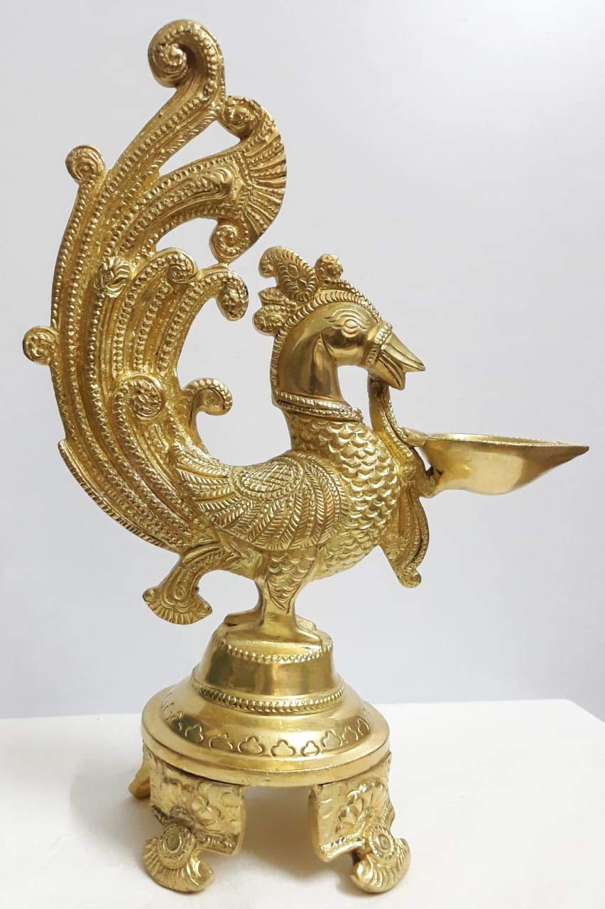 Peacock Brass Diya Oil Lamp - Table Stand 8.5 inches Height for Lighting, Puja, Gift and Home Décor