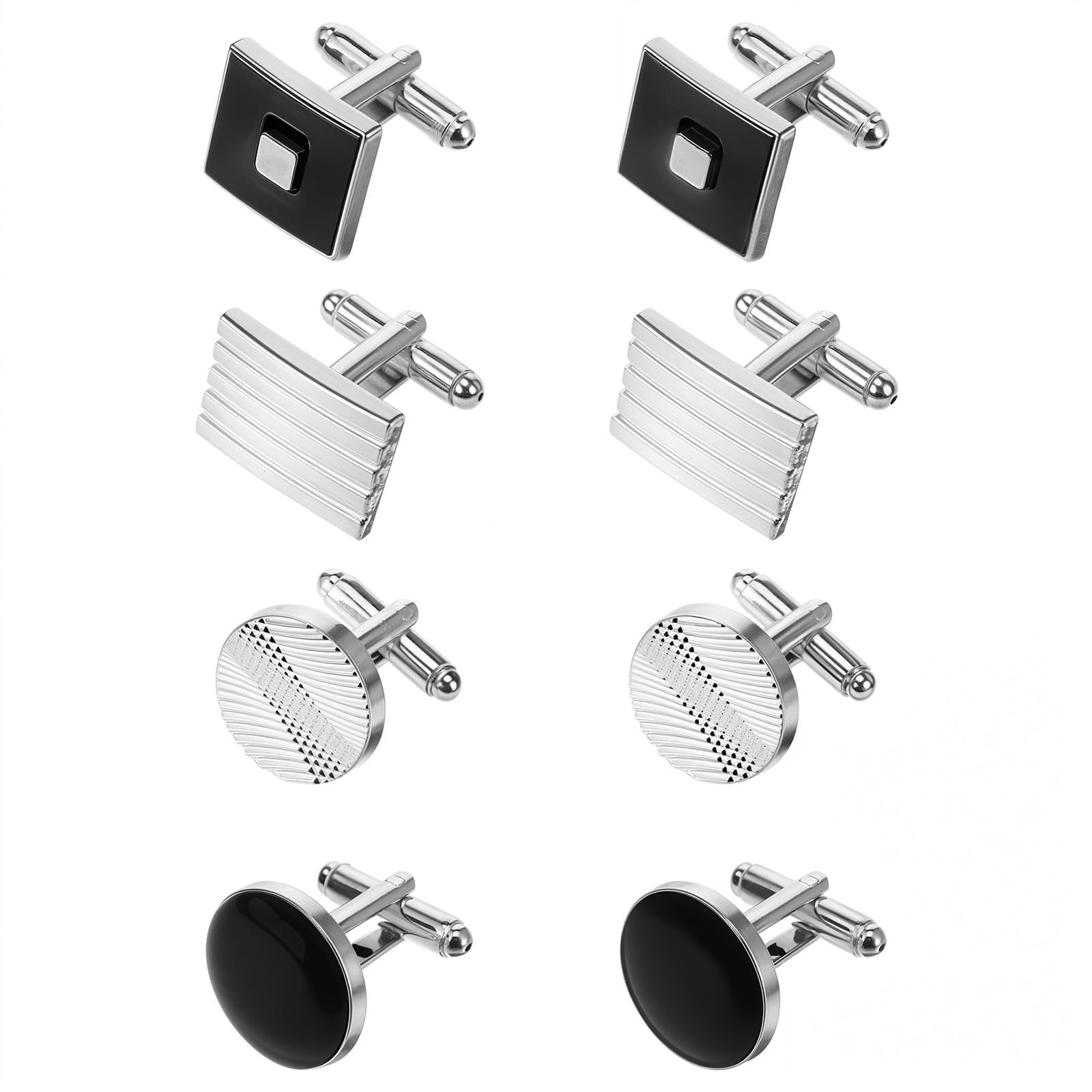 YEVON4 Pairs Cufflinks for Men – Classic Silver & Black Cuff Links Set with Round, Square & Rectangle Designs – Men's Cufflinks for Business, Wedding, Formal Events – Fashion Suit Accessories