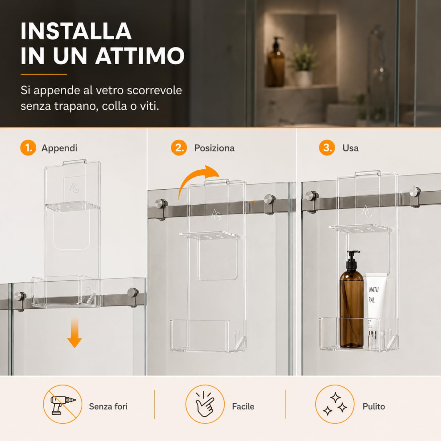 Agplex doccia Portasapone per anta scorrevole senza foratura - Solo per cabine doccia con scorrevole aperto - Facile installazione