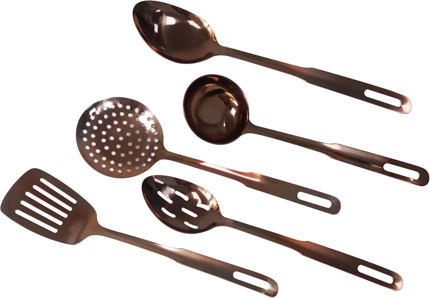 Amco 5-Piece Stainless Steel Cooking Utensil Set, Copper Finish – Includes Kitchen Ladle, Slotted Turner, Skimmer, Solid Spoons – 14″ with Hanging Holes for Easy Storage, Durable Kitchen Gadgets Amco 5-Piece Stainless Steel Cooking Utensil Set, Copper Finish – Includes Kitchen Ladle, Slotted Turner, Skimmer, Solid Spoons – 14″ with Hanging Holes for Easy Storage, Durable Kitchen Gadgets