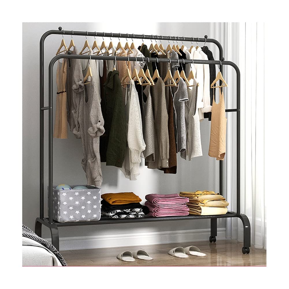 FGXHHS Freestanding Clothing Rack with Shelves and Wheels, Double Rail Garment Organizer for Bedroom Closet Storage