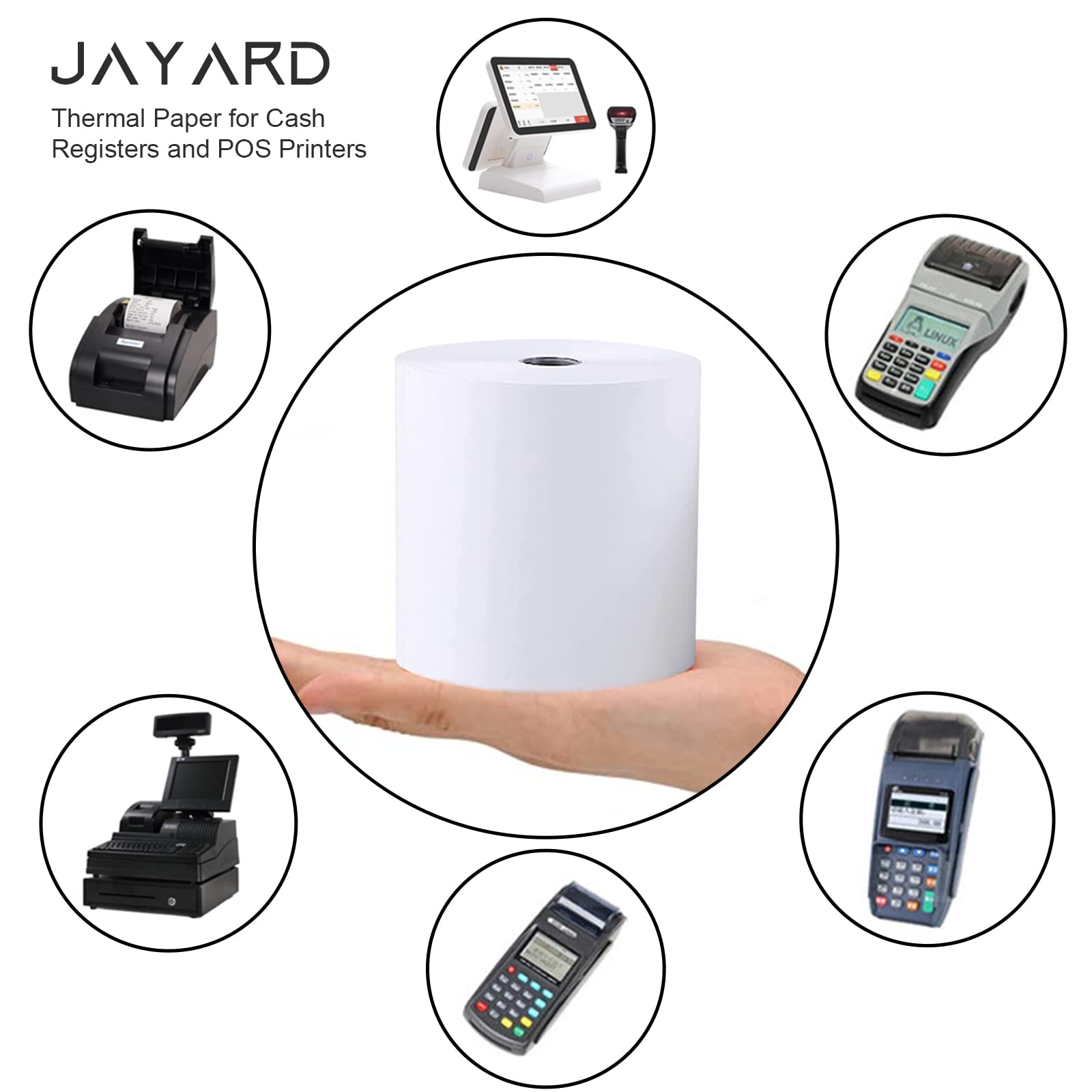 Jayard Rollos de papel térmico de 2-1/4 pulgadas x 85 pies para tarjeta de crédito, rollos de caja registradora, cinta de registro de alta calidad, papel de impresora térmica Pos (10 rollos)